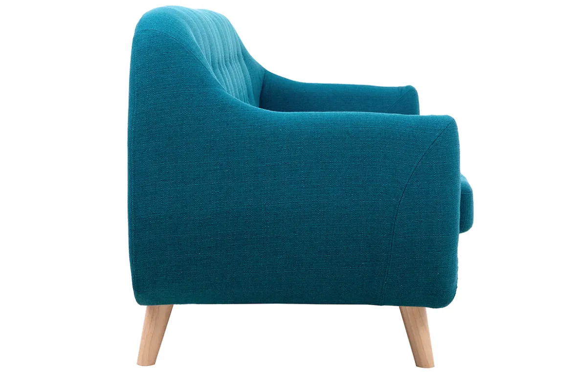 Canapé scandinave déhoussable 3 places en tissu bleu canard et bois clair YNOK