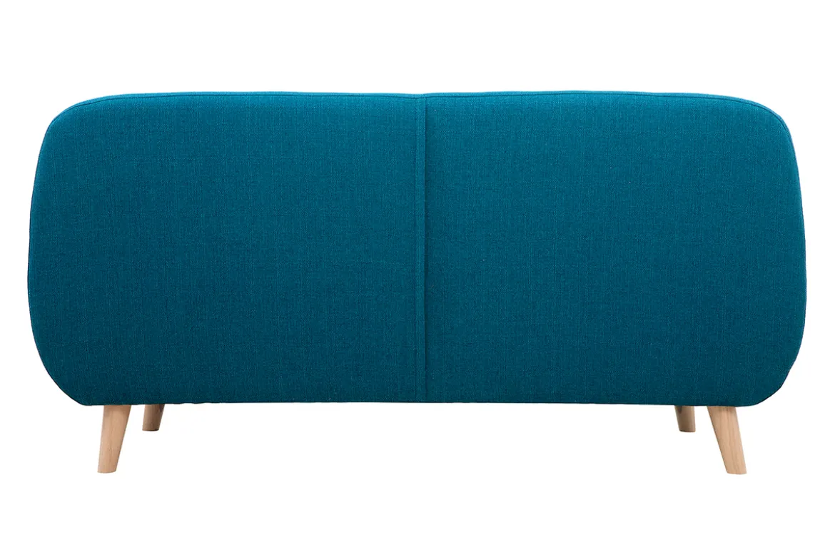 Canapé scandinave déhoussable 3 places en tissu bleu canard et bois clair YNOK