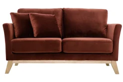 Canapé scandinave déhoussable 2 places en tissu velours rouge tomette et bois clair OSLO