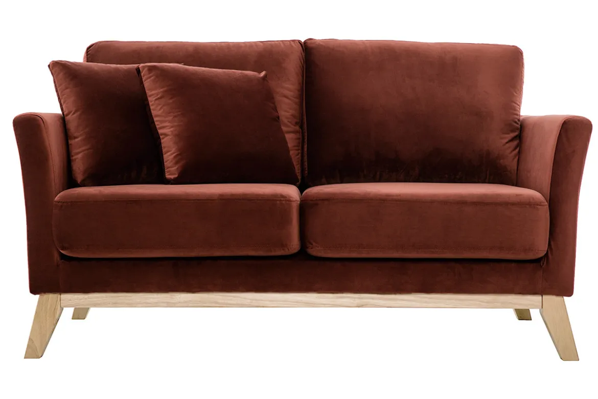 Canapé scandinave déhoussable 2 places en tissu velours rouge tomette et bois clair OSLO