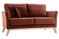 Canapé scandinave déhoussable 2 places en tissu velours rouge tomette et bois clair OSLO