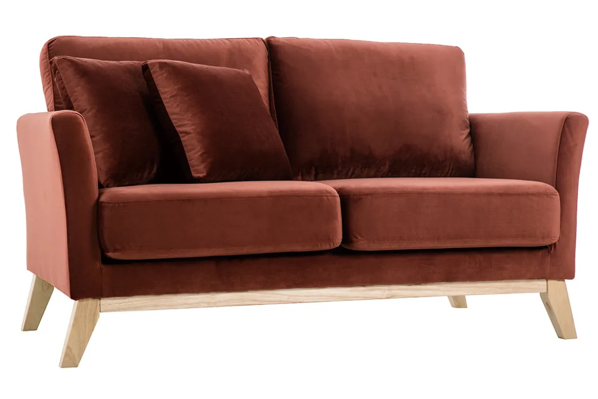 Canapé scandinave déhoussable 2 places en tissu velours rouge tomette et bois clair OSLO