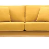 Canapé scandinave déhoussable 2 places en tissu effet velours jaune moutarde et bois clair OSLO