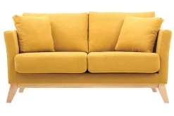 Canapé scandinave déhoussable 2 places en tissu effet velours jaune moutarde et bois clair OSLO