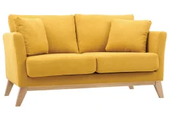 Canapé scandinave déhoussable 2 places en tissu effet velours jaune moutarde et bois clair OSLO