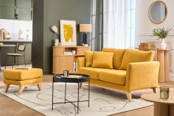 Canapé scandinave déhoussable 2 places en tissu effet velours jaune moutarde et bois clair OSLO