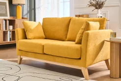 Canapé scandinave déhoussable 2 places en tissu effet velours jaune moutarde et bois clair OSLO