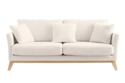 Canapé scandinave déhoussable 3 places en tissu effet laine bouclée blanc cassé et bois clair OSLO