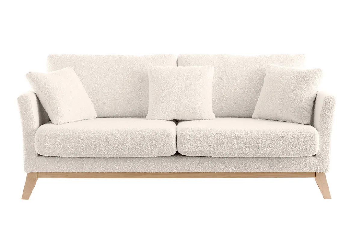 Canapé scandinave déhoussable 3 places en tissu effet laine bouclée blanc cassé et bois clair OSLO