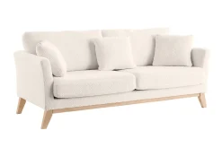 Canapé scandinave déhoussable 3 places en tissu effet laine bouclée blanc cassé et bois clair OSLO