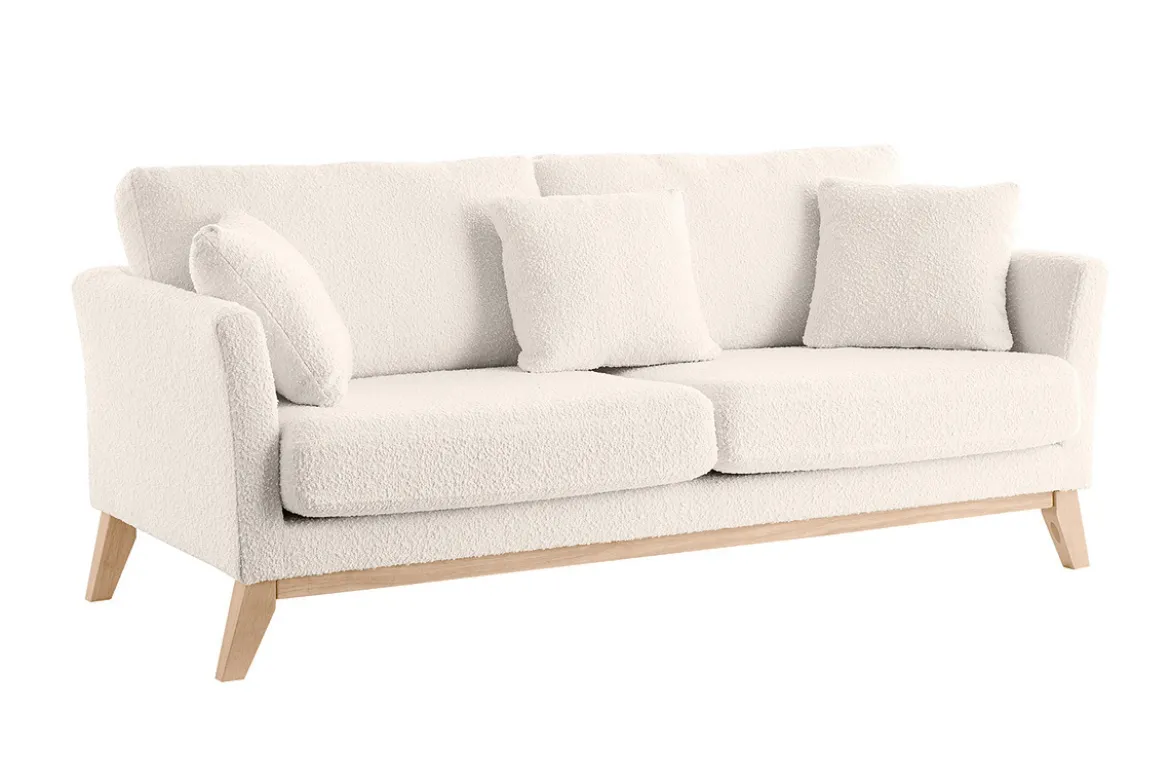 Canapé scandinave déhoussable 3 places en tissu effet laine bouclée blanc cassé et bois clair OSLO