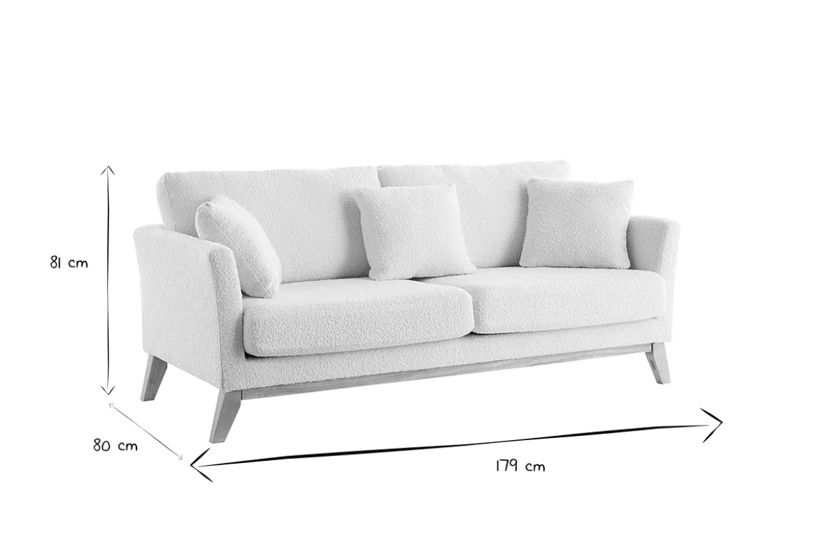 Canapé scandinave déhoussable 3 places en tissu effet laine bouclée blanc cassé et bois clair OSLO