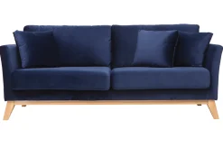 Canapé scandinave déhoussable 3 places en tissu velours bleu nuit et bois clair OSLO
