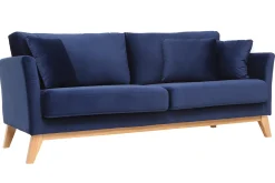 Canapé scandinave déhoussable 3 places en tissu velours bleu nuit et bois clair OSLO
