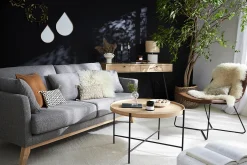 Canapé scandinave déhoussable 3 places en tissu velours bleu nuit et bois clair OSLO