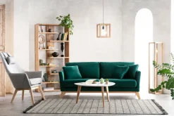 Canapé scandinave déhoussable 3 places en tissu velours bleu nuit et bois clair OSLO