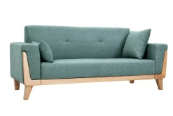 Canapé scandinave 3 places en tissu vert de gris et bois clair FJORD