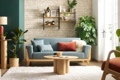 Canapé scandinave 3 places en tissu vert de gris et bois clair FJORD