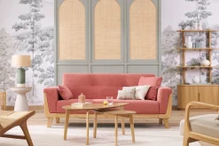 Canapé scandinave 3 places en tissu effet velours texturé terracotta et bois clair FJORD