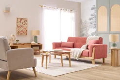 Canapé scandinave 3 places en tissu effet velours texturé terracotta et bois clair FJORD