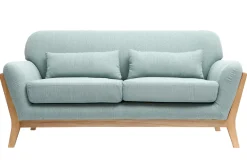Canapé scandinave 2 places en tissu vert lagon et bois clair YOKO