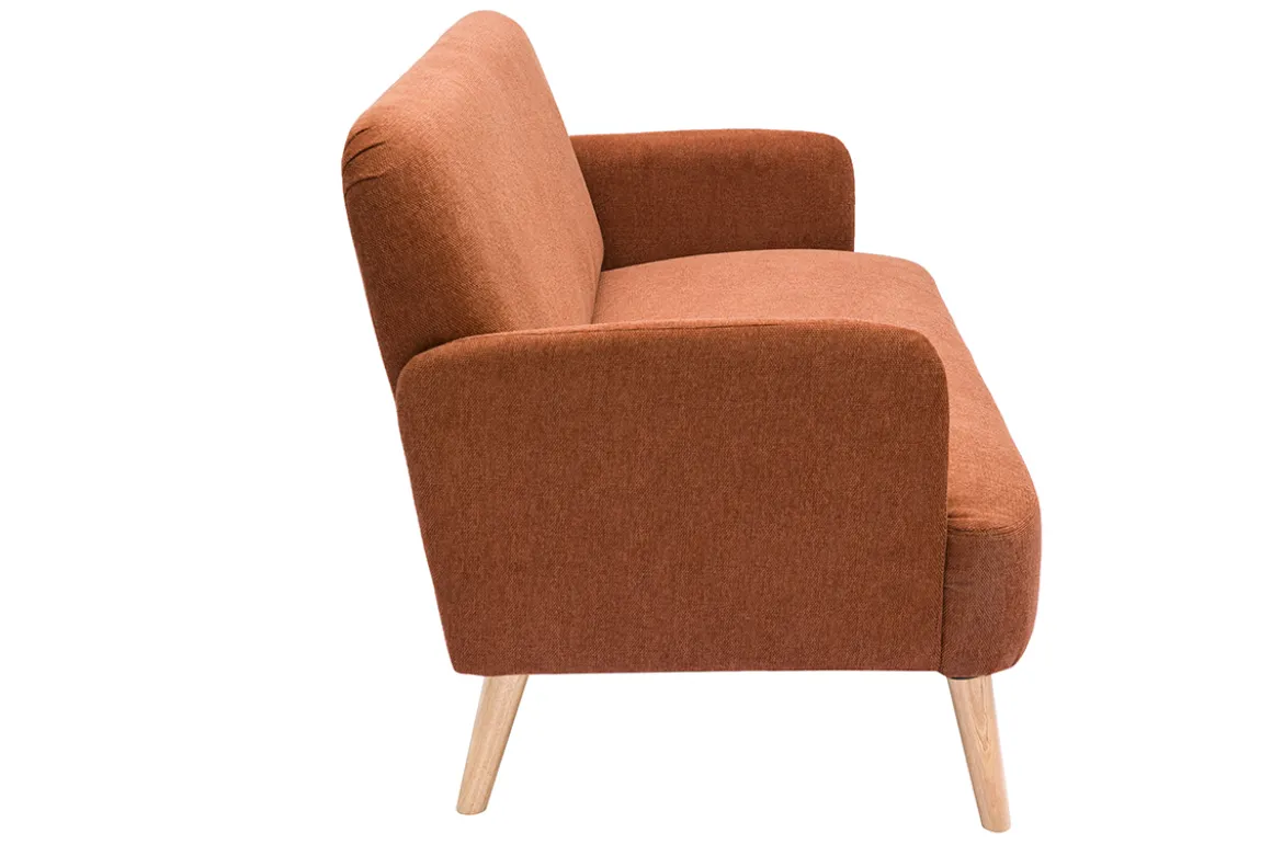 Canapé scandinave 2 places en tissu effet velours texturé terre brûlée et bois clair ISKO