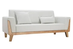 Canapé scandinave 3 places en tissu effet velours blanc cassé et bois clair FJORD