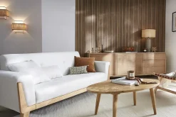 Canapé scandinave 3 places en tissu effet velours blanc cassé et bois clair FJORD