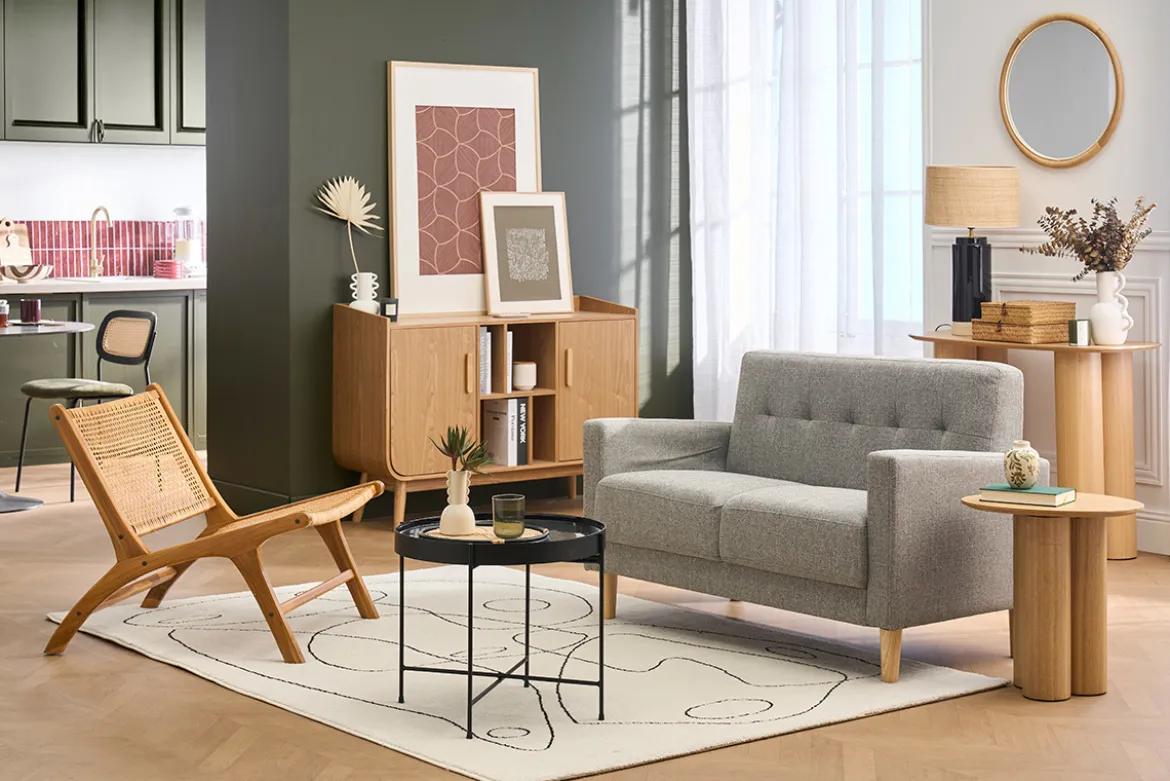 Canapé scandinave 2 places en tissu gris et bois clair MOON