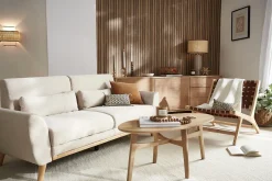 Canapé scandinave 3 places en tissu beige et bois clair EKTOR