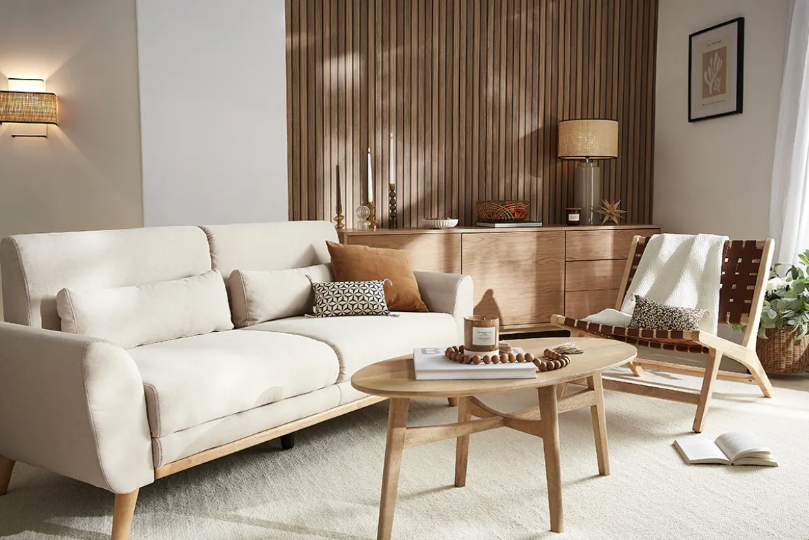 Canapé scandinave 3 places en tissu beige et bois clair EKTOR
