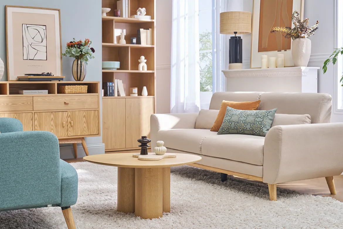 Canapé scandinave 3 places en tissu beige et bois clair EKTOR