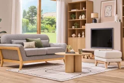 Canapé scandinave 2 places en tissu gris et bois clair YOKO