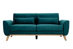 Canapé scandinave 3 places en tissu velours bleu pétrole et bois clair EKTOR