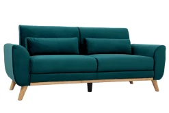 Canapé scandinave 3 places en tissu velours bleu pétrole et bois clair EKTOR