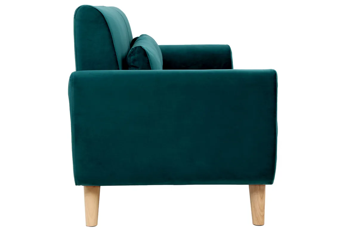 Canapé scandinave 3 places en tissu velours bleu pétrole et bois clair EKTOR