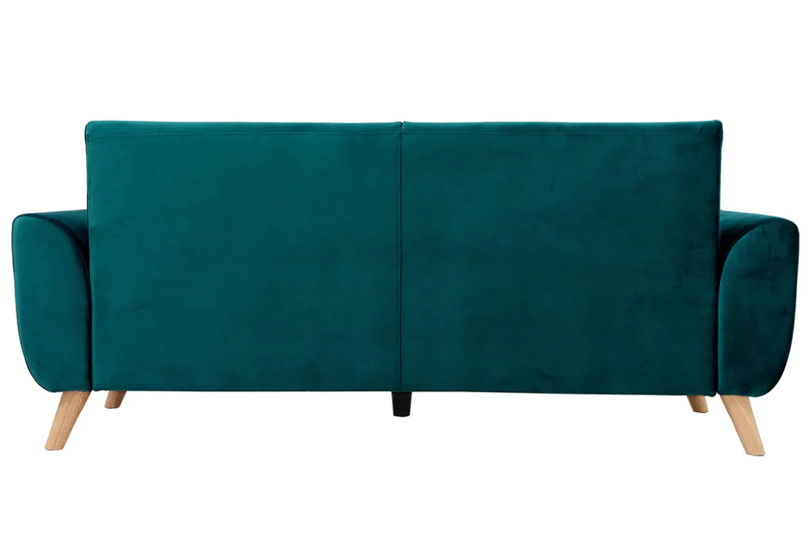 Canapé scandinave 3 places en tissu velours bleu pétrole et bois clair EKTOR