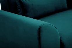 Canapé scandinave 3 places en tissu velours bleu pétrole et bois clair EKTOR