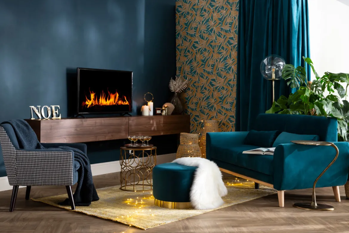 Canapé scandinave 3 places en tissu velours bleu pétrole et bois clair EKTOR