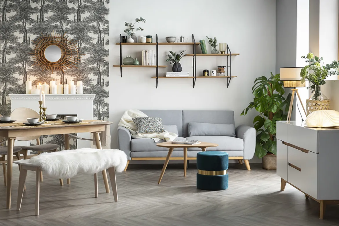 Canapé scandinave 3 places en tissu gris clair et bois clair EKTOR
