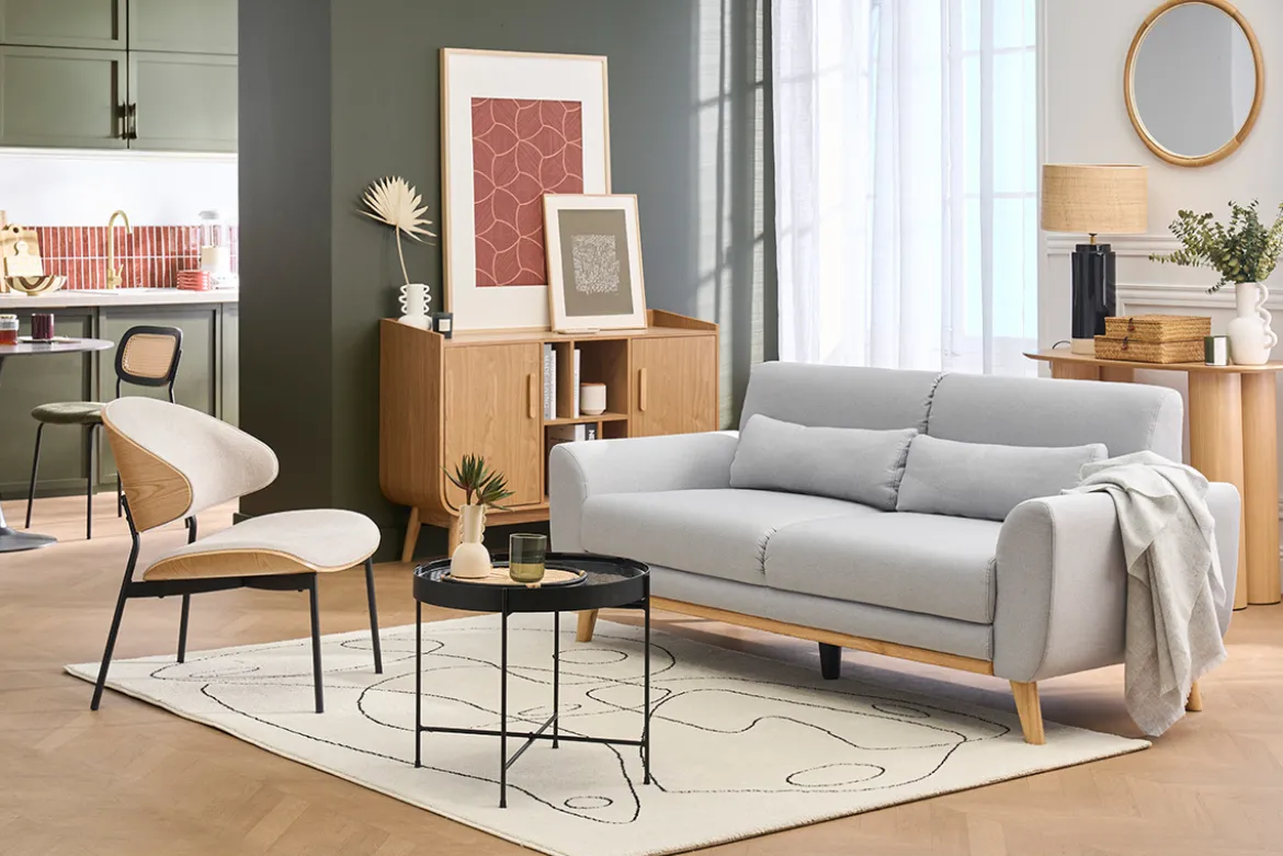 Canapé scandinave 3 places en tissu gris clair et bois clair EKTOR