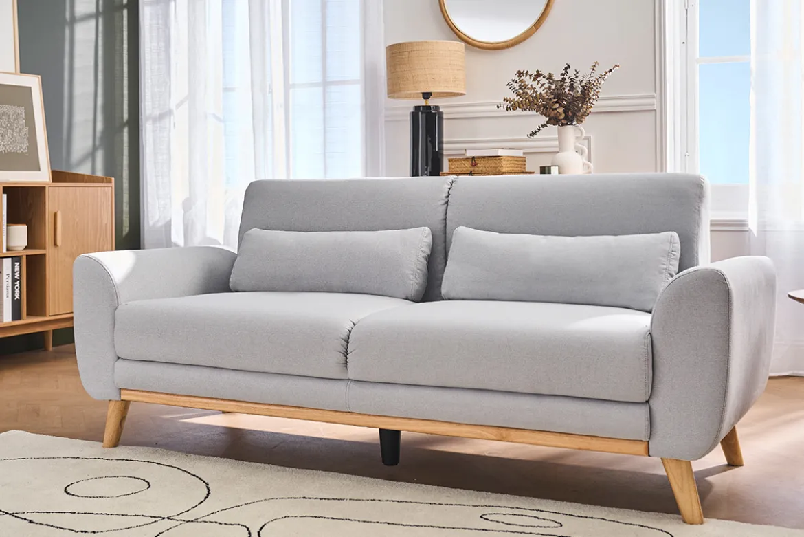 Canapé scandinave 3 places en tissu gris clair et bois clair EKTOR