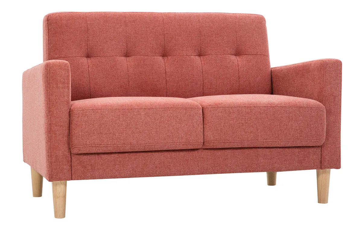 Canapé scandinave 2 places en tissu effet velours texturé terracotta et bois clair MOON