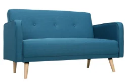 Canapé scandinave 2 places en tissu bleu canard et bois clair ULLA