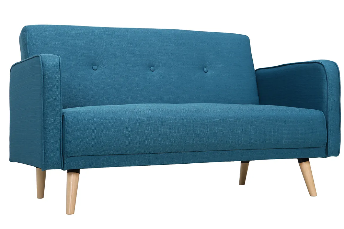 Canapé scandinave 2 places en tissu bleu canard et bois clair ULLA