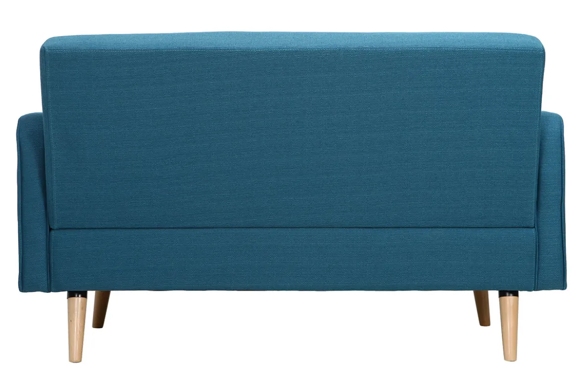 Canapé scandinave 2 places en tissu bleu canard et bois clair ULLA