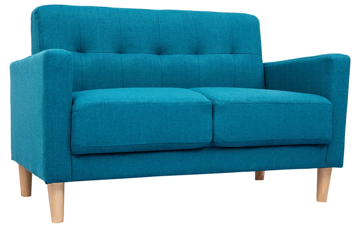 Canapé scandinave 2 places en tissu bleu canard et bois clair MOON