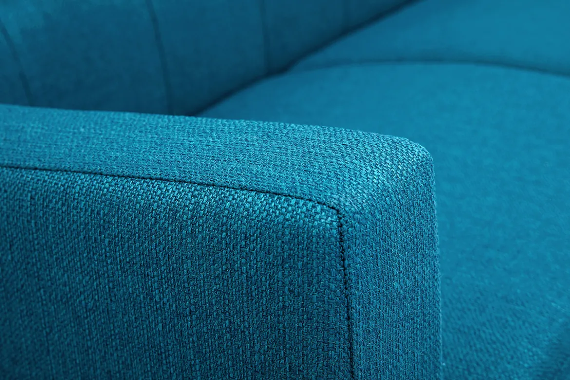Canapé scandinave 2 places en tissu bleu canard et bois clair MOON