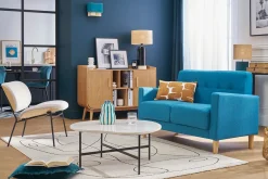 Canapé scandinave 2 places en tissu bleu canard et bois clair MOON