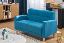 Canapé scandinave 2 places en tissu bleu canard et bois clair MOON